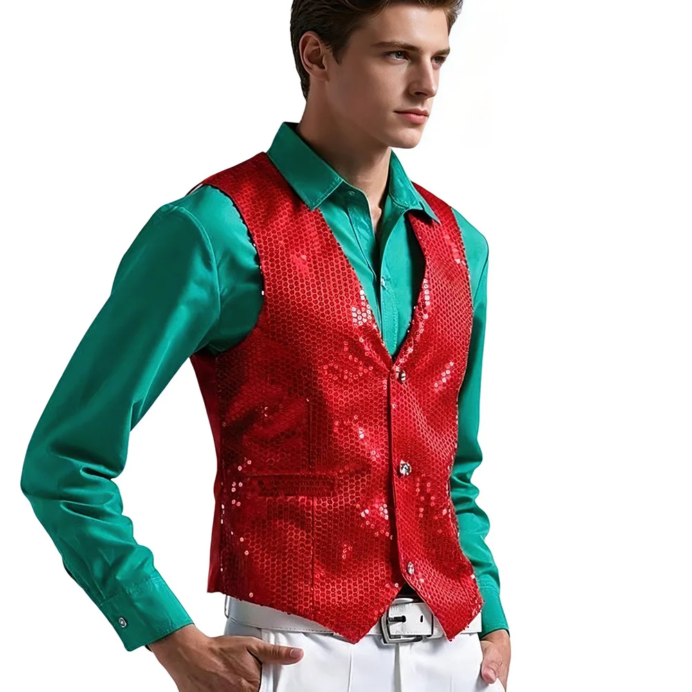 Men Shiny Sequin V Neck Vest Single Breasted Waistcoat Nightclub Party Dance Show Performance Sleeveless Suit Vest