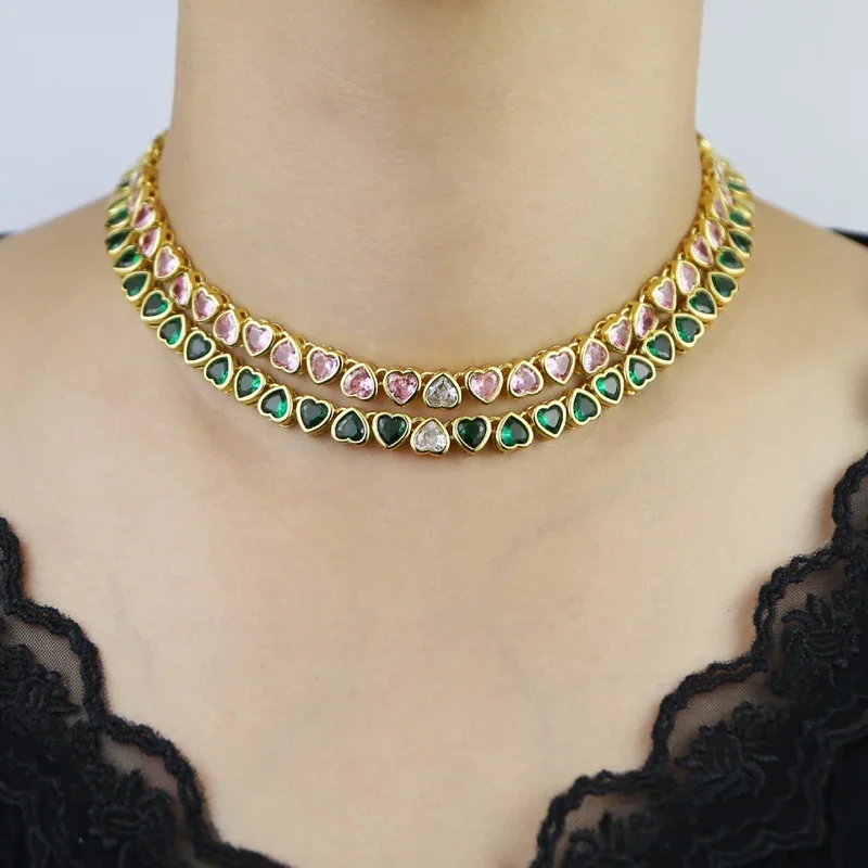 Valentine's Day Gift Heart Design Bling Cz Fashion Jewelry Gold Color Ice Out Green Pink White Heart Cz Tennis Choker Necklaces image 6