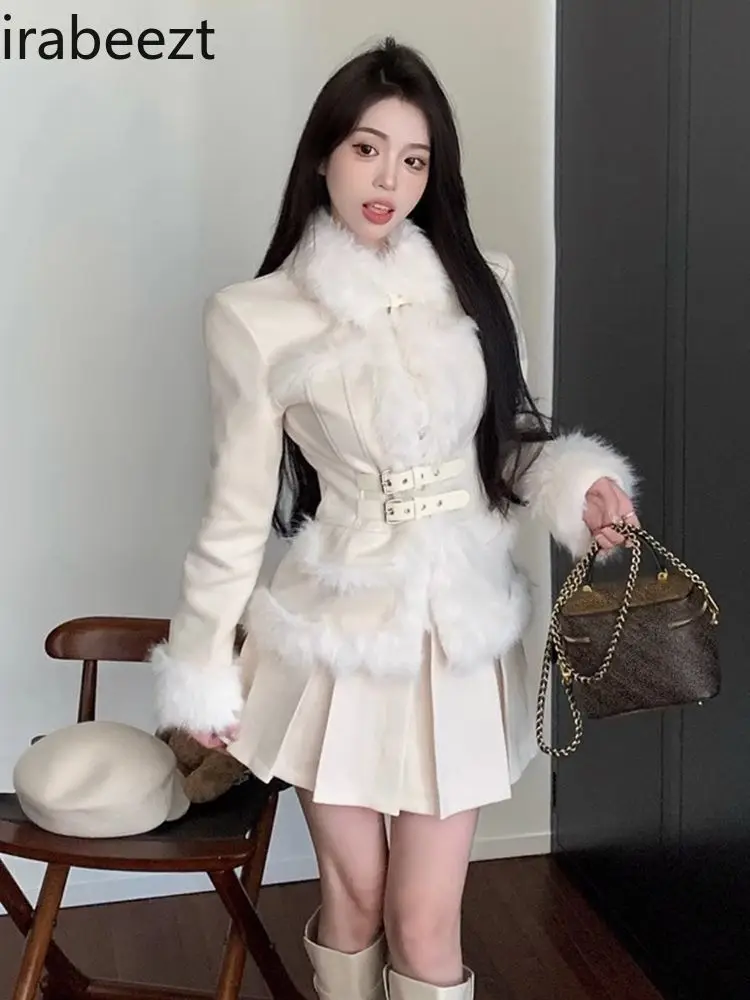 Woolly Waist Slimming Coat Senior Sense Suit Women\'s Winter Tops High Waist Pleated Skirt Two-piece Set Conjuntos De Mujer