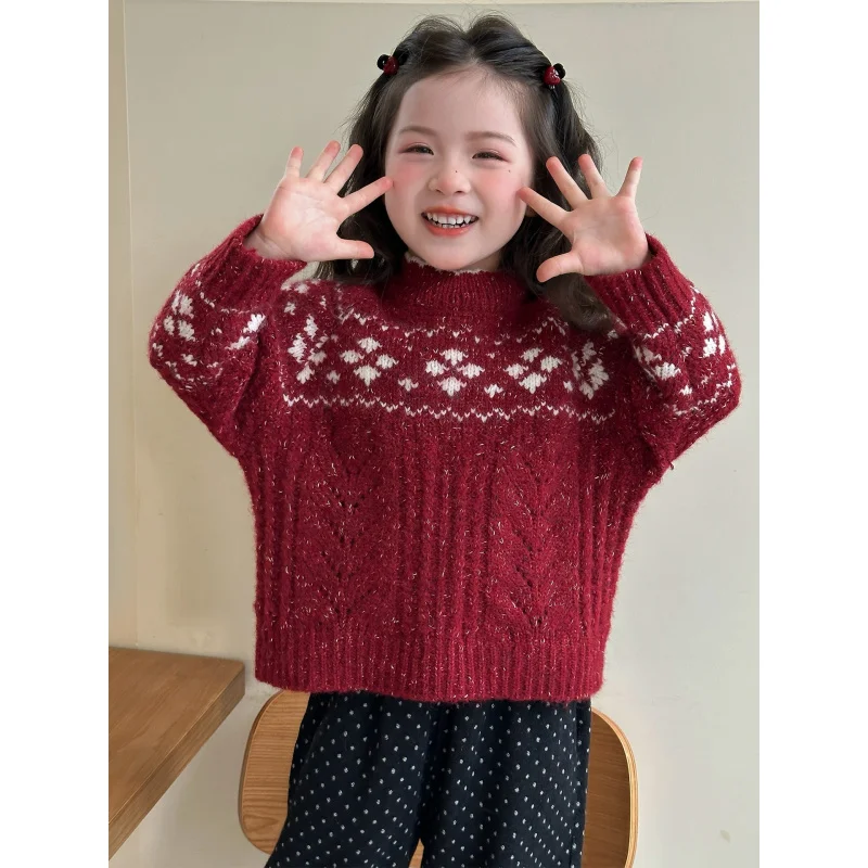 

Girls Autumn and Winter Clothes Children's retro Knitted Sweater2025New style lazy style Fair Isle casual top for little girls