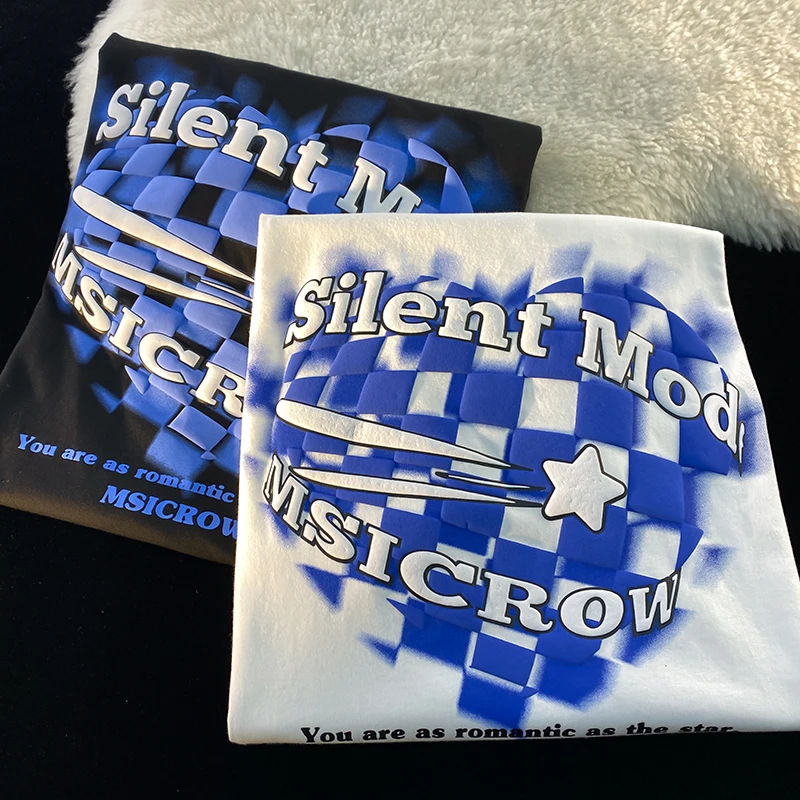 Vintage Checkerboard  Foam Letter Print Love Heart Short Sleeve T-shirt Men Women Summer Loose Hiphop Y2k Top Ins Tees ...