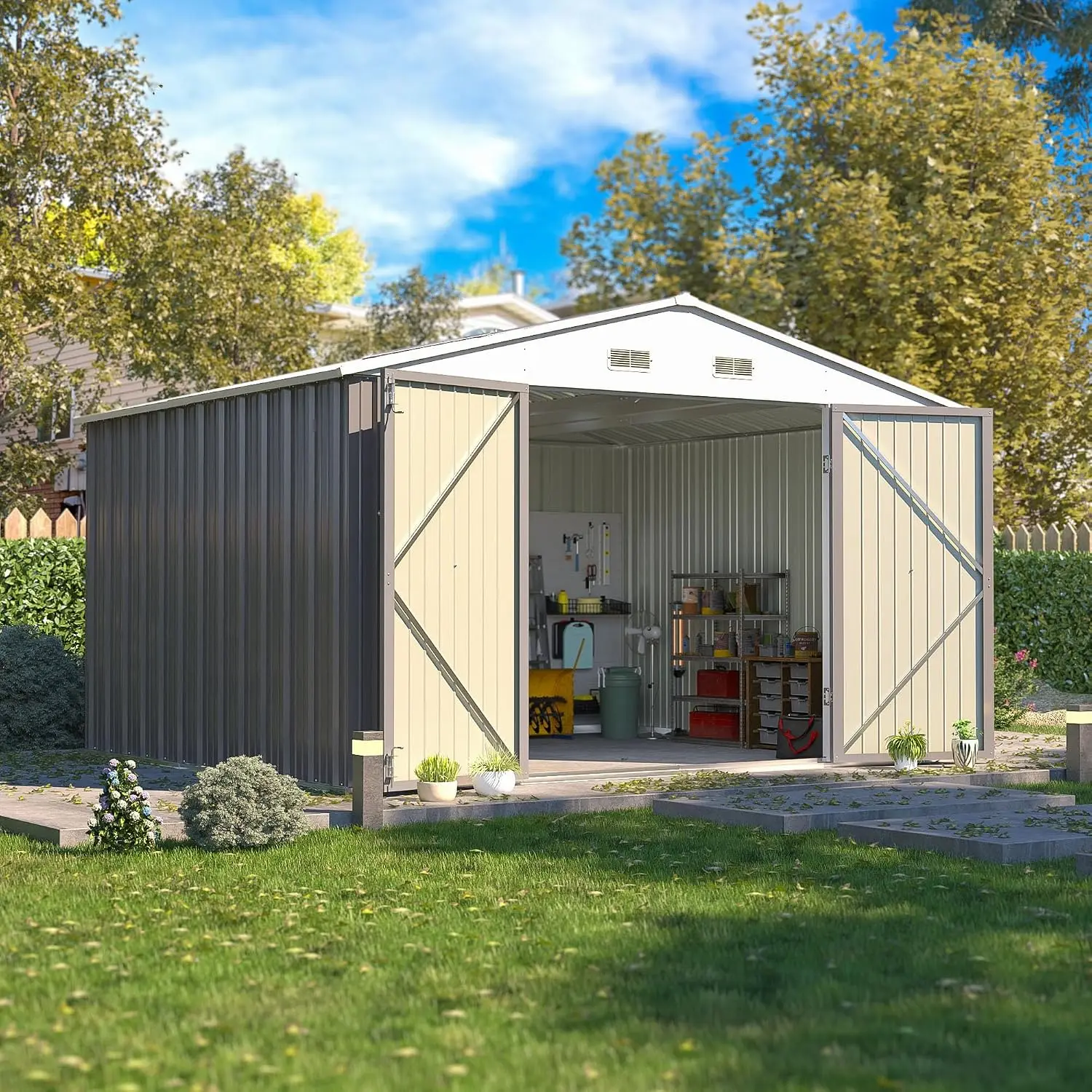 10x8 FT Outdoor Storage Shed, Metal Sheds, Gray, Custom