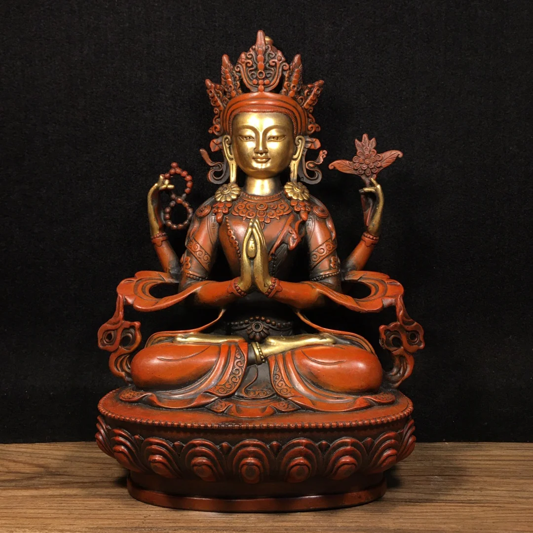 

12"Tibetan Temple Collection Old Bronze Real gold in gold Four arm Guanyin Bodhisattva Buddha Lotus Platform Worship hall