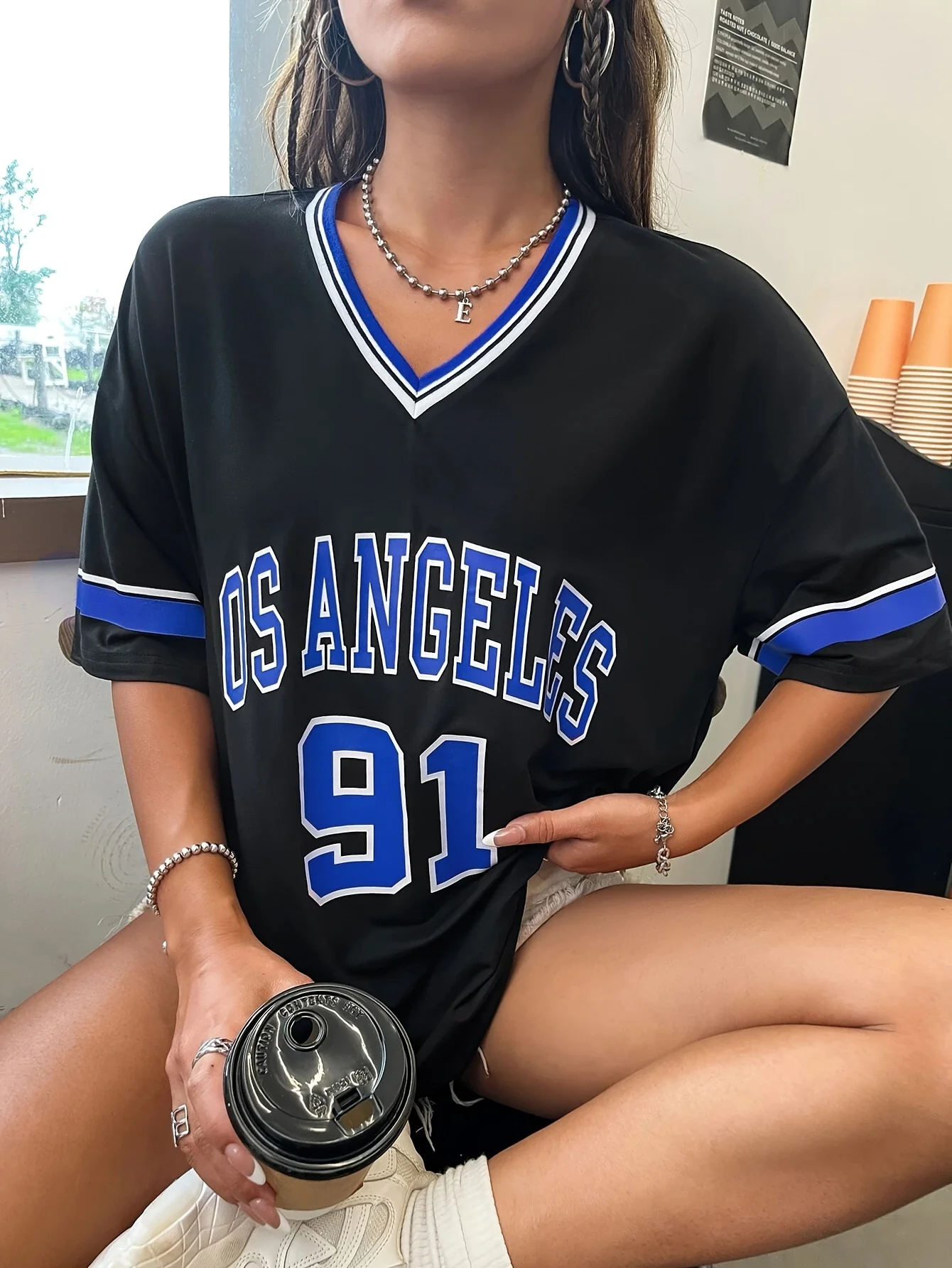 Women's Large Printed T-shirt Los Angeles 91 Letter Short Sleeve V-neck Loose Street Wear Sports Jersey Spring/Summer Tshirt Top image 5
