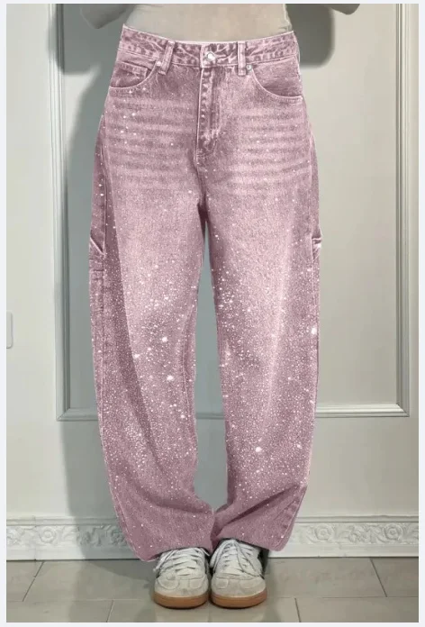 Wide Leg Lady Jeans Diamonds Denim Straigt High Waist Zipper Female Pants 2025 Fashion Pockets Street Lady Trouser