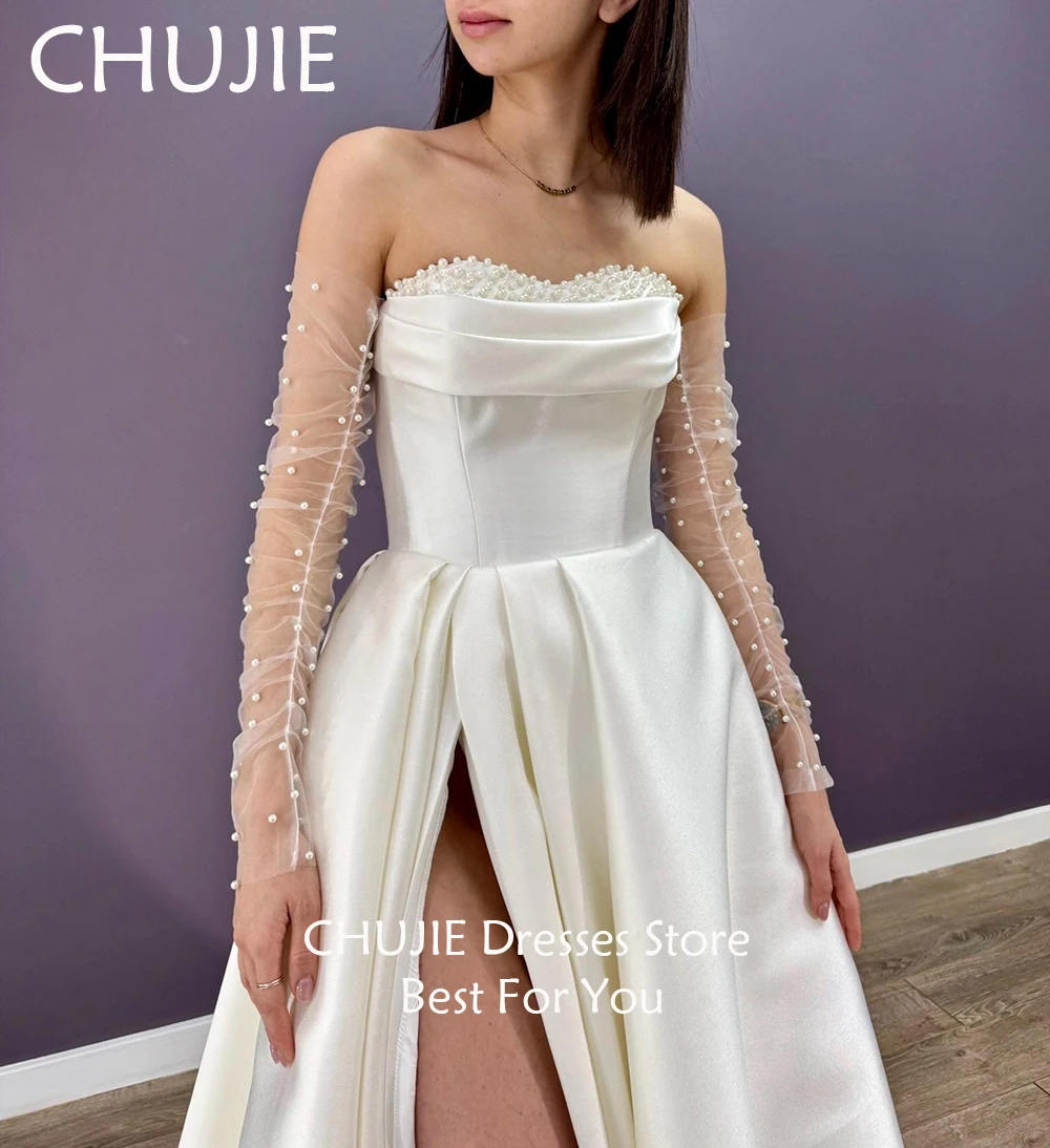 ชุดแต่งงานแบบจีบระบายประดับมุก ผ้าซาตินคลาสสิก ชุดเจ้าสาวผู้หญิง สง่างาม สามารถสั่งตัดได้ ชุดแต่งงานผ่าข้าง