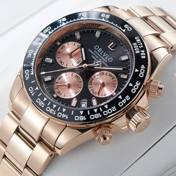 

OBLVLO Men Chronograph Watch Luxury 40mm Quartz Wristwatch 50m Waterproof Sapphire Luminous Triple Windows VK63
