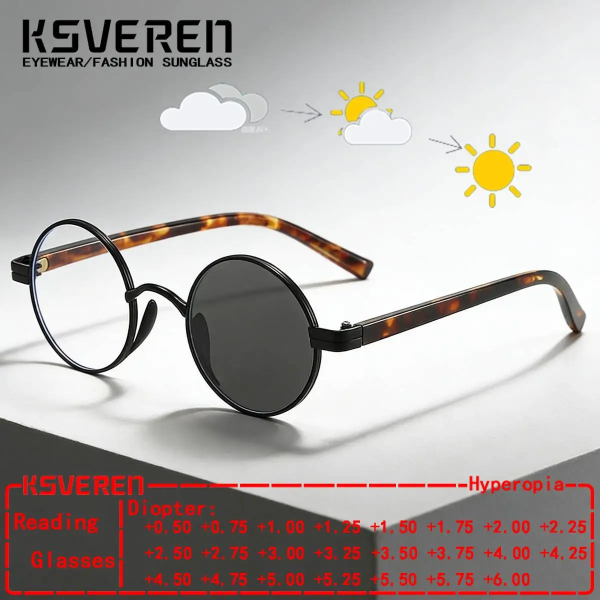 

Очки для чтения с металлической оправой, круглые, фотохромные, для мужчин и женщин, с диоптриями, оптические, прозрачные, для улицы, солнцезащитные, меняющие цвет