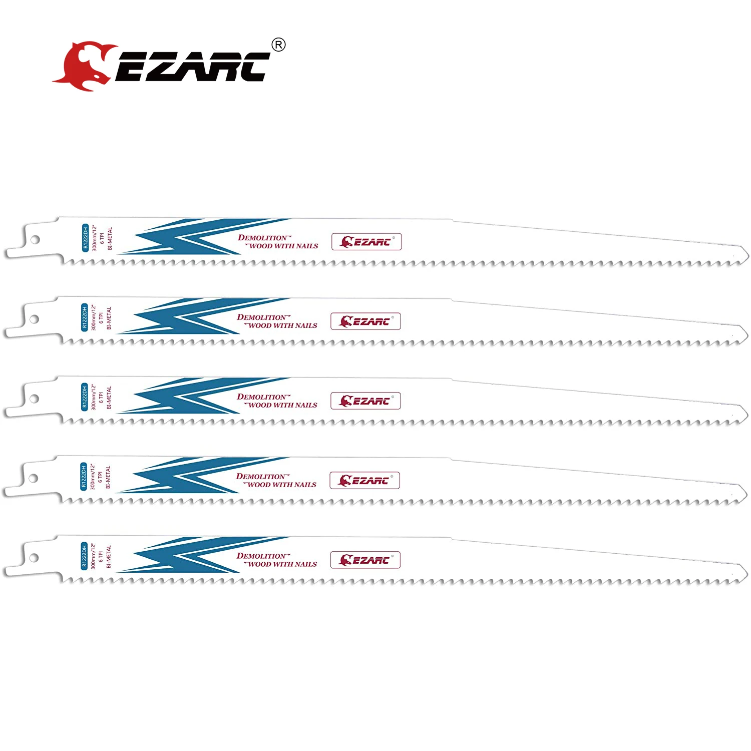 EZARC 5Pcs Reciprocating Saw Blade Bi-Metal Cobalt Sabre Saw Blades for Wood Demolition 6TPI 225mm R922DH