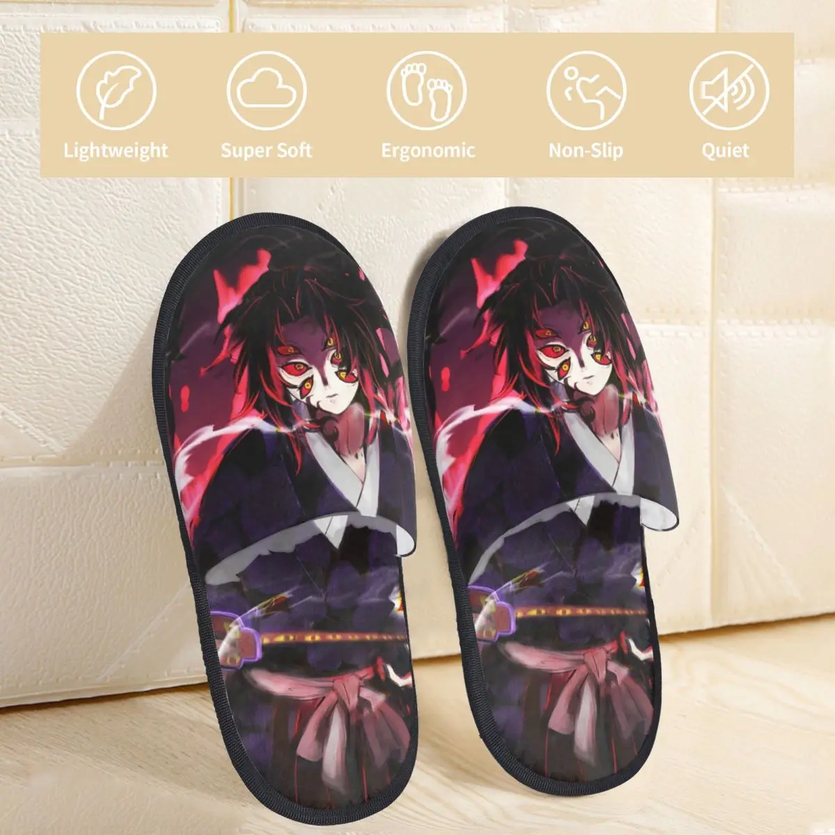 Moon Breathing Kokushibo Furry Slippers Anti Slip Anime Demon Slayer Cozy Memory Foam Slides Indoor