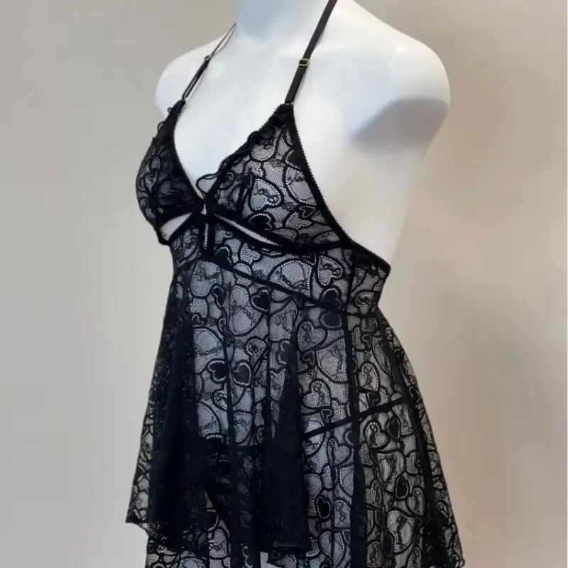 With Gloves Pajamas Heart Hollow Lace Sexy Lingerie Sleepwear Back Halter Neck Suspender Nightdress Night Wears for Ladies 2026