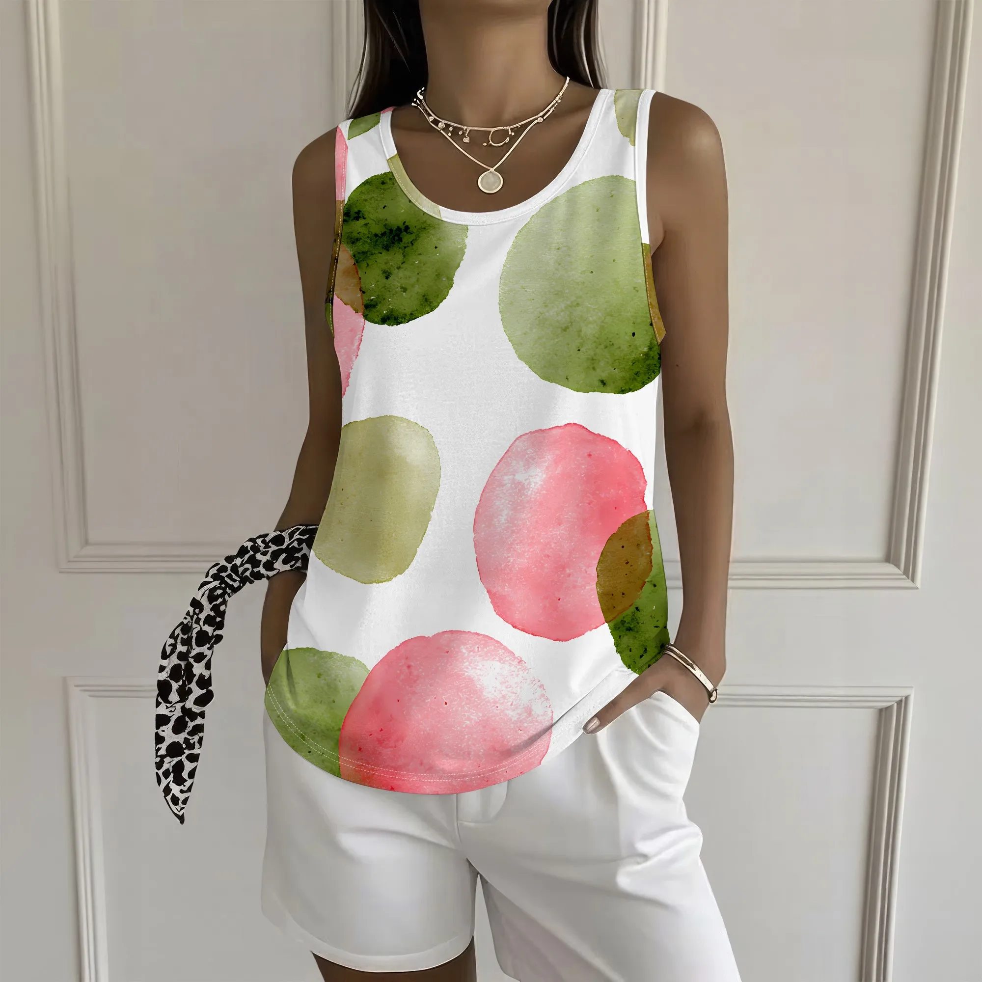 Watercolor Polka Dot Tank Top, Artistic Circle Print Blouse, Casual Sleeveless Shirt, Summer Vacation Wear, S-2XL