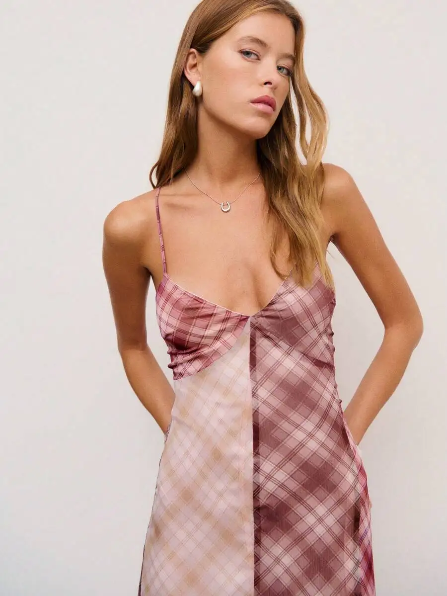 

Plaid Print Long Dress With Crisscross Back And Adjustable Straps For Women Spring Summer