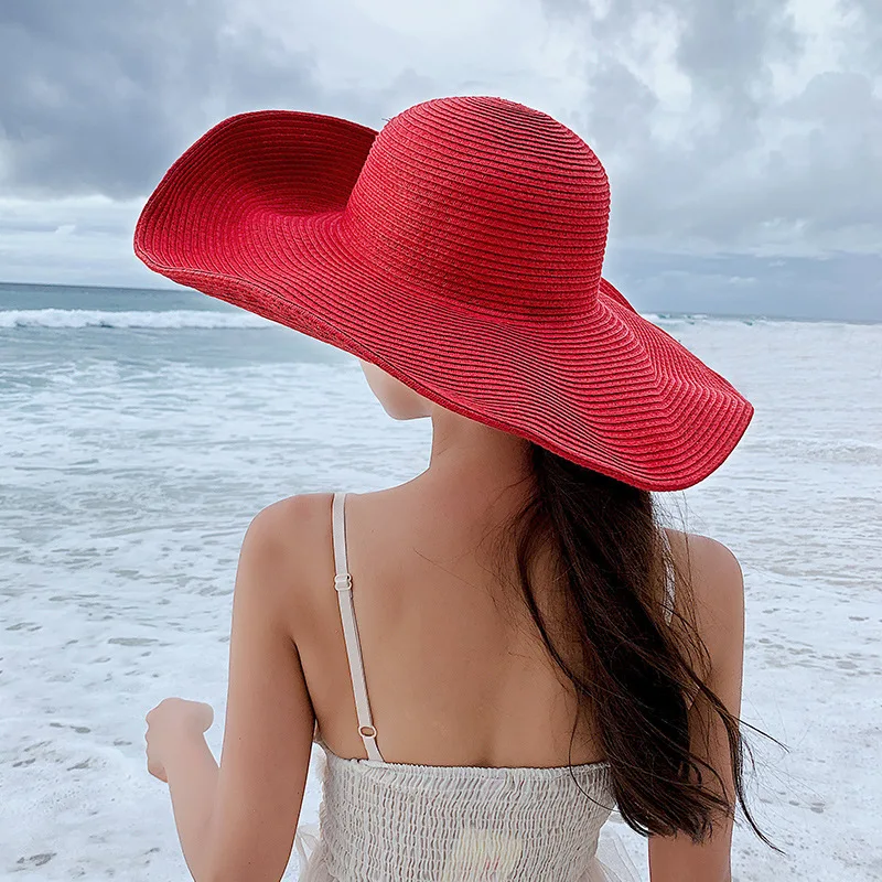 New Sun Hat with Large Brim Summer Women Beach Hat Girls Seaside Travel Foldable Straw Hat Sunscreen UV Protection Lady Cap