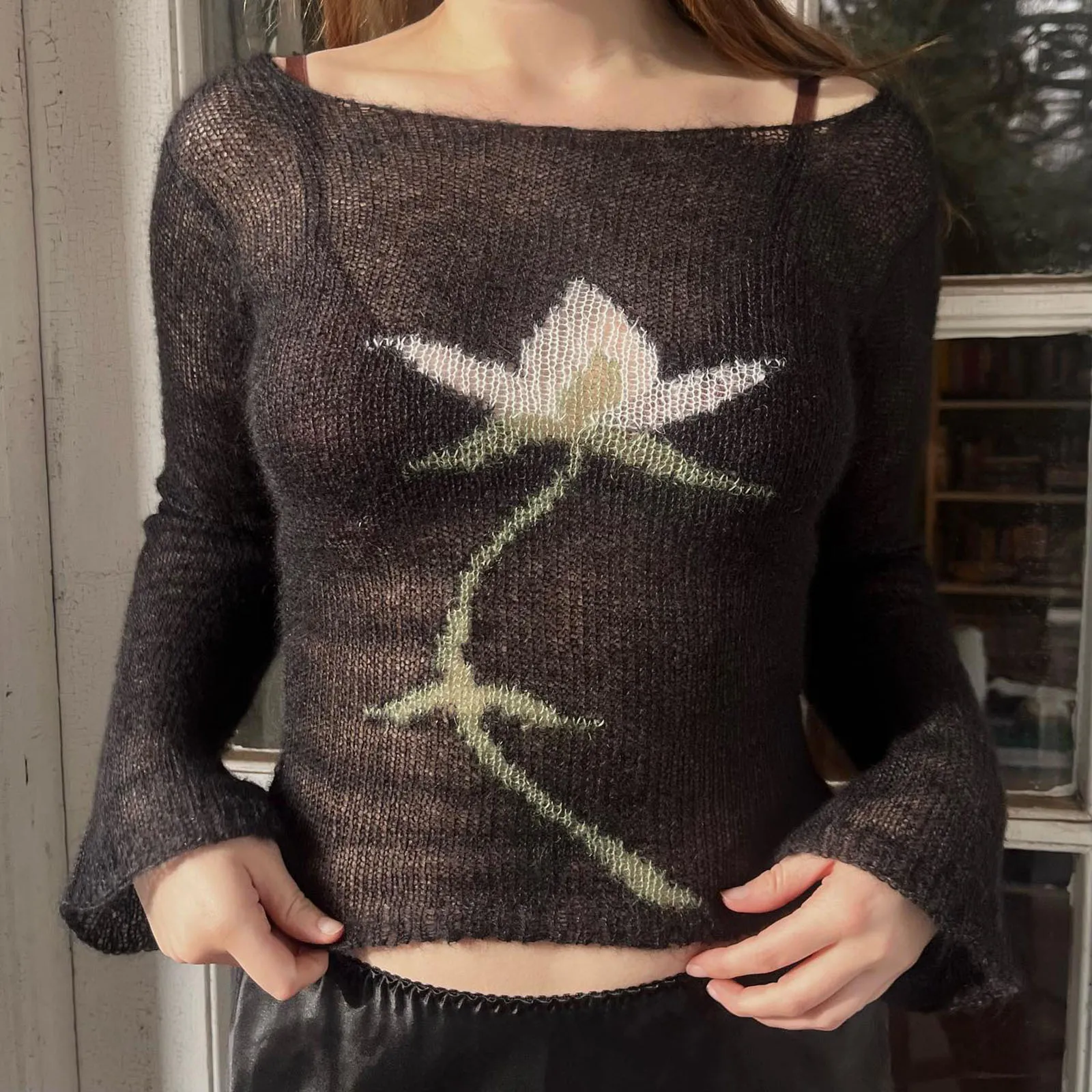 Gaono Cottage Flower Long Sleeve Knitted Crop Tops Aesthetic See Through Sweater Tees Vintage Y2k Gyaru Crop Tops Jumpers