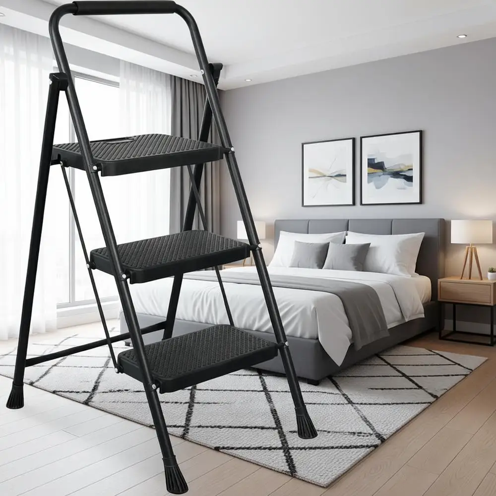 Taburete plegable portátil de acero con peldaños antideslizantes, capacidad de 500 lb, negro