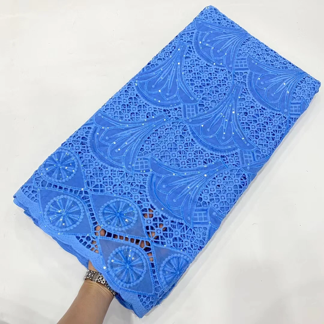 

Sky Blue African Water Soluble Lace Fabric 2023 High Quality Nigerian Sequins Cord Lace Fabric For Wedding Party Dress KDP23223