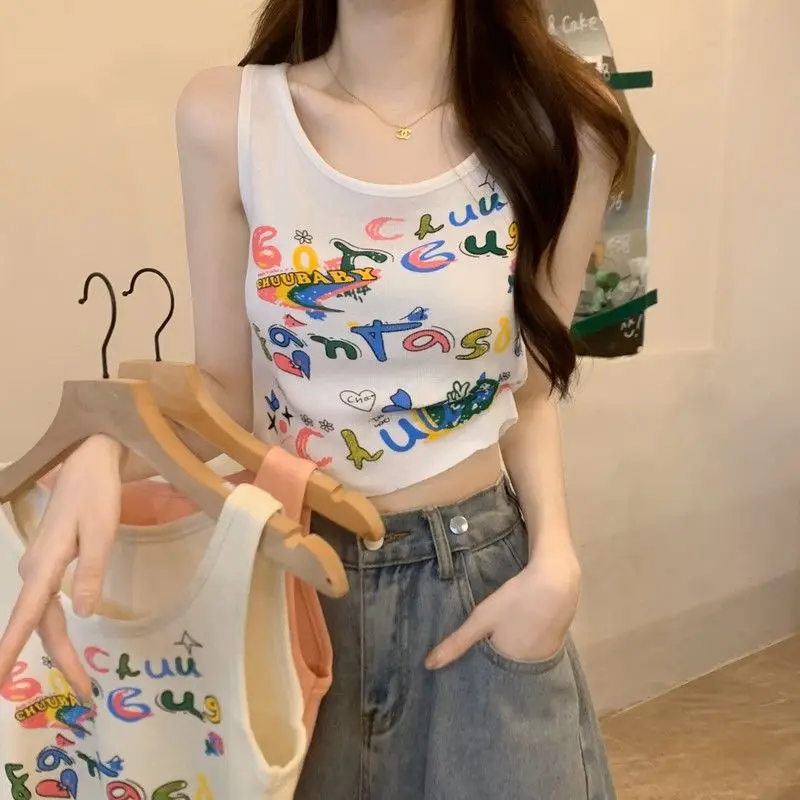 Monogram Graffiti Print Knitted Camisole Women's Underwear 2024 Summer New Slim Fit Crop Top Base Camisole