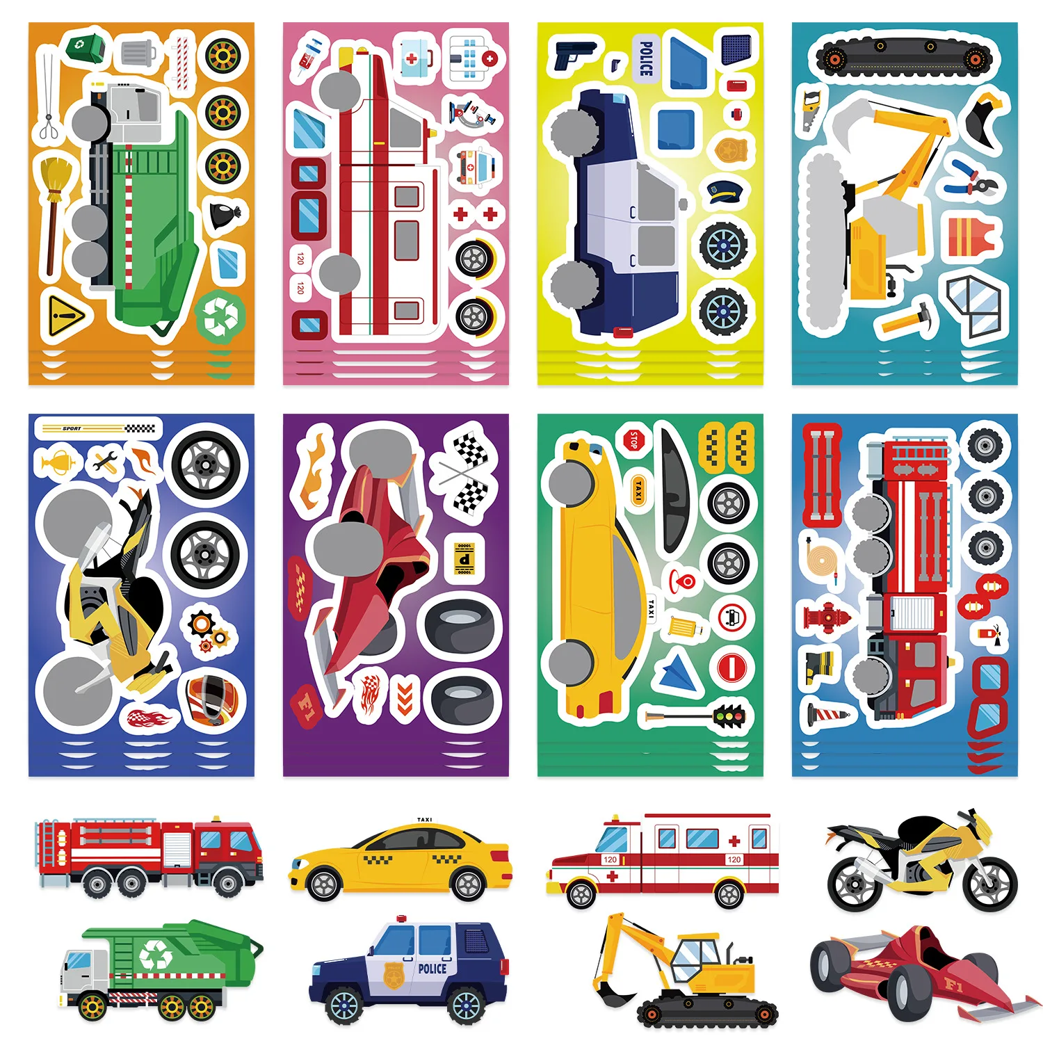 8/16Sheets Fire Truck Ambulance Puzzle Stickers Gifts Decoration DIY Decal Motorcycle Excavator Various Vehicle Combinations
