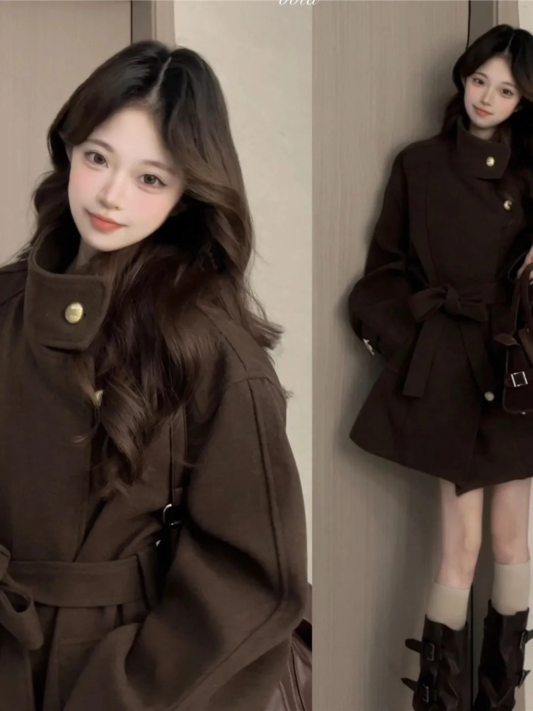 

Американское ретро-пальто из утолщенной коричневой шерсти для женщин, осенне-зимнее, премиум-класса, элегантное, в корейском стиле, свободного кроя