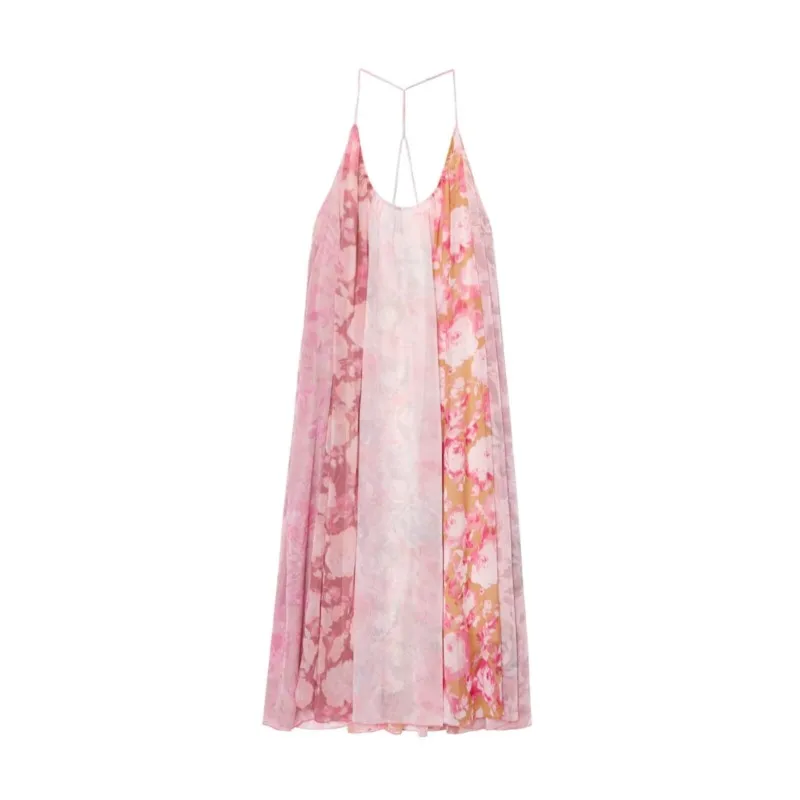 

TRAF Women Floral Patchwork Dress Summer Sexy Backless Pleated Women's Midi Dress Simple Female Dresses