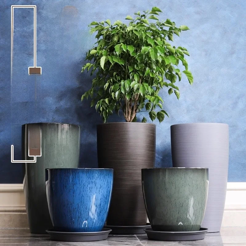 Thick Resin Flower Pot Ceramic Simulation Standing Balcony Plant Pots Outdoor Garden round Shape Flower Pots High Quality Resin