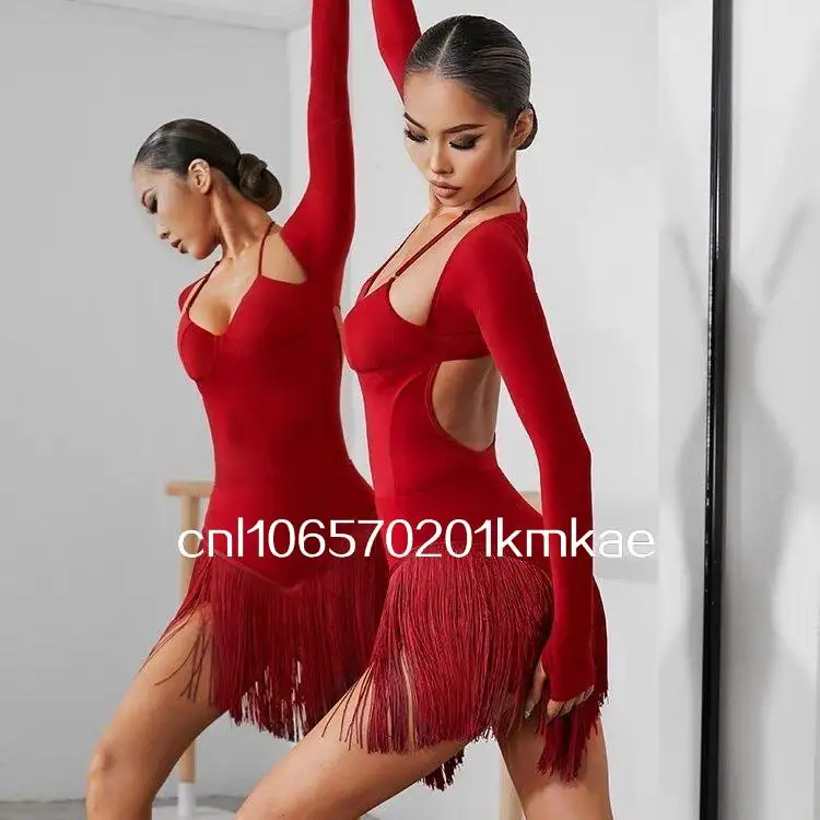 黒赤ラテンダンススーツコスチュームセクシーホルターネックラテントップチャチャタッセルスカート女性用ルンバサンバダンススカートステージコスチューム