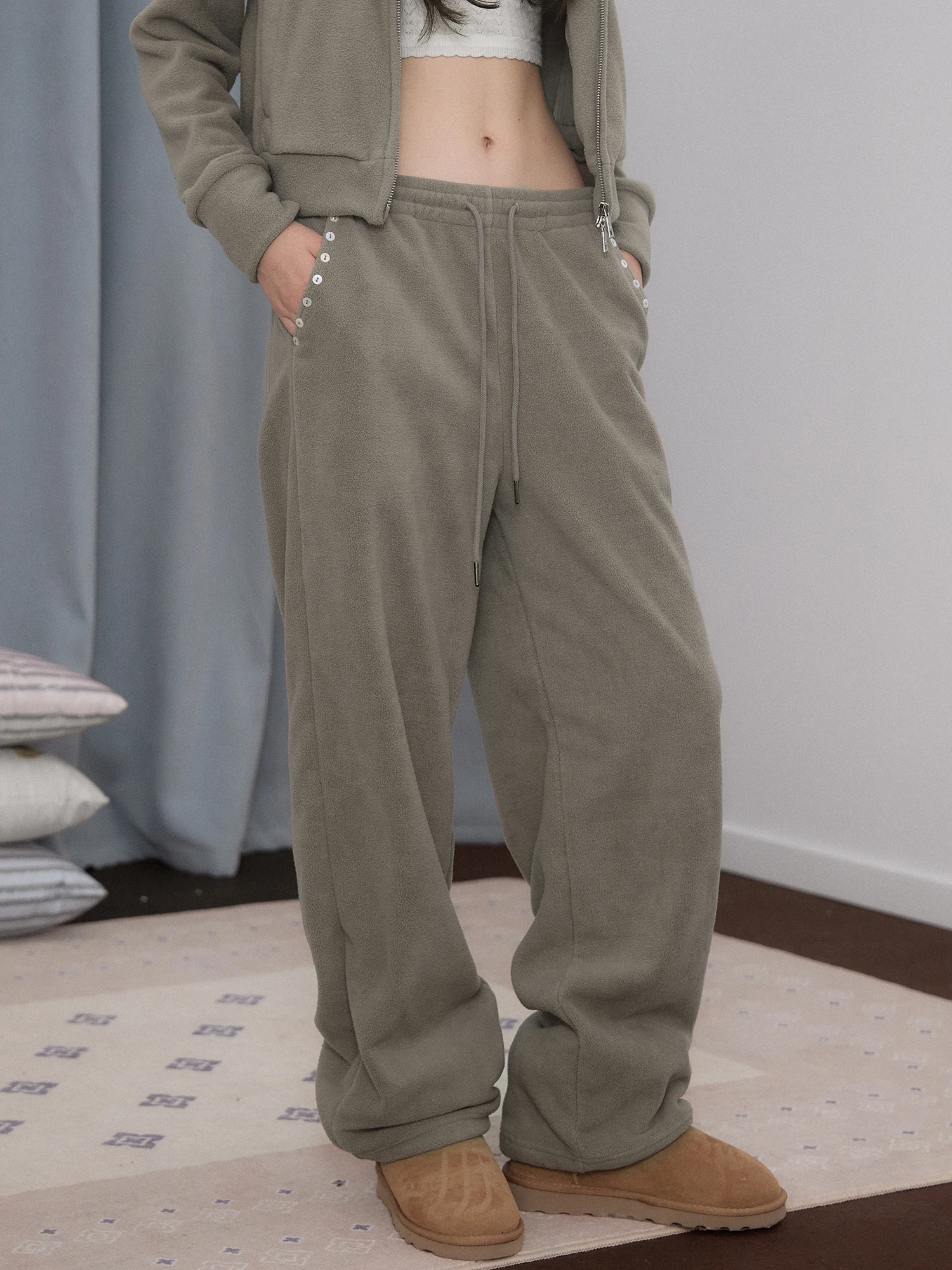Guukahero Vintage Fleece Thin Fleece Sweatpants Women's Side Ironed Design Loose Drapey Straight Casual Pants Citywalk Date