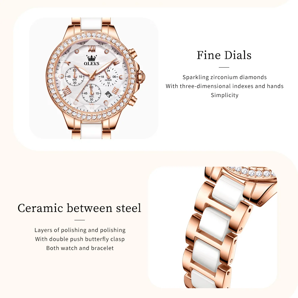 OLEVS 9999 Women's Watches Fashion Luxury Multi-functional Quartz Watches Ceramic strap Waterproof Luminous Date Ladies Watches