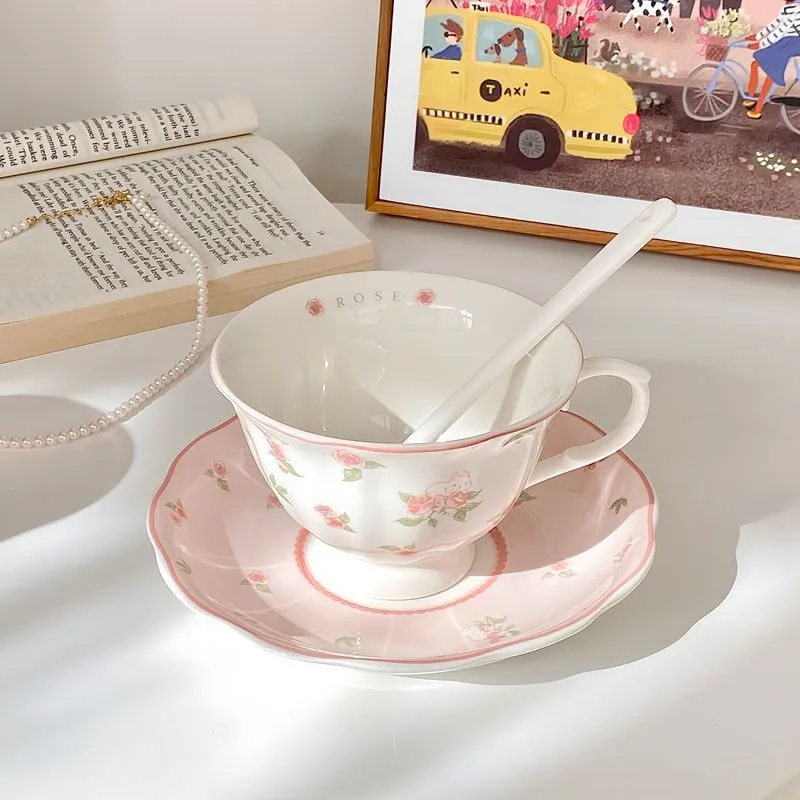 Pretty Pink Rose With Cute Rabbit Ceramics Coffee Cup and Saucer Set English Afternoon Tea Cup Mug 250ml