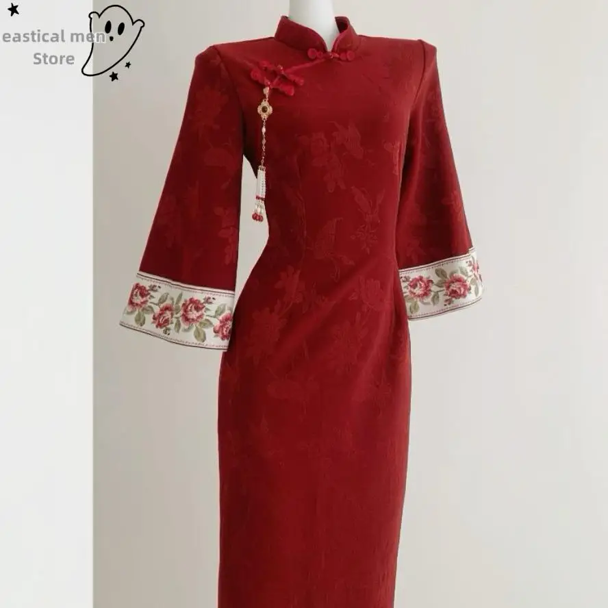 

New Chinese Style Red Qipao Dress Lady Flare Sleeve Jacquard Chesongam Autumn Winter New Evening Banquet Gown Long Vestidos Robe