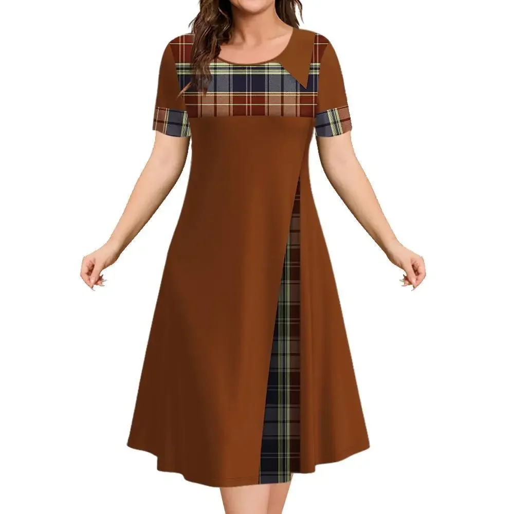 Plus Size Womens Dresses 3D Plaid Print Short Sleeve Casual Loose Dress Summer Lady Oversized Vacation Elegant Dress 7XL 8XL 9XL