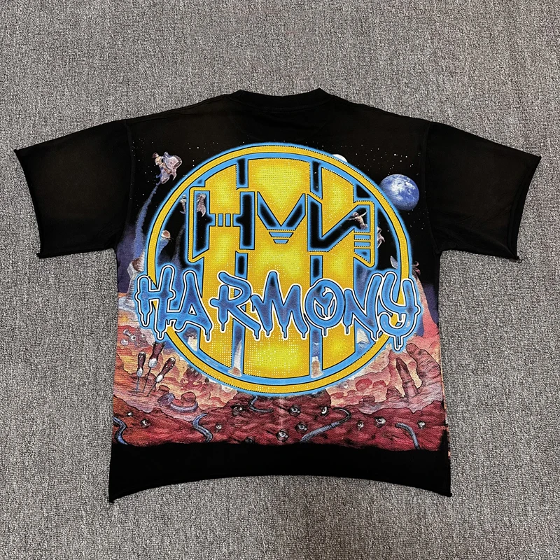 HARMONY Tops Tee Vintage Washed HVM Alien Robot Rhinestone Print Oversized Sci-Fi Streetwear T-Shirt Men Women