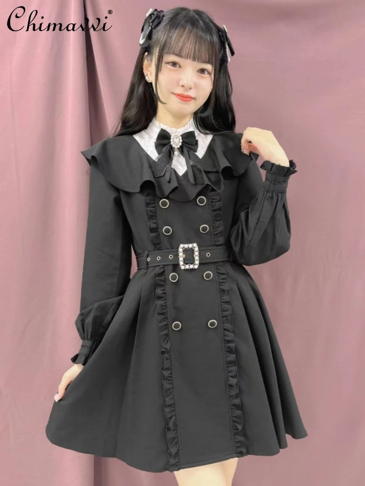 

Japanese Style Sweet Cute Long Sleeve Women Short Dress 2023 Autumn and Winter Lolita Beautiful Bow Ruched Slim Fit A-Line Dress