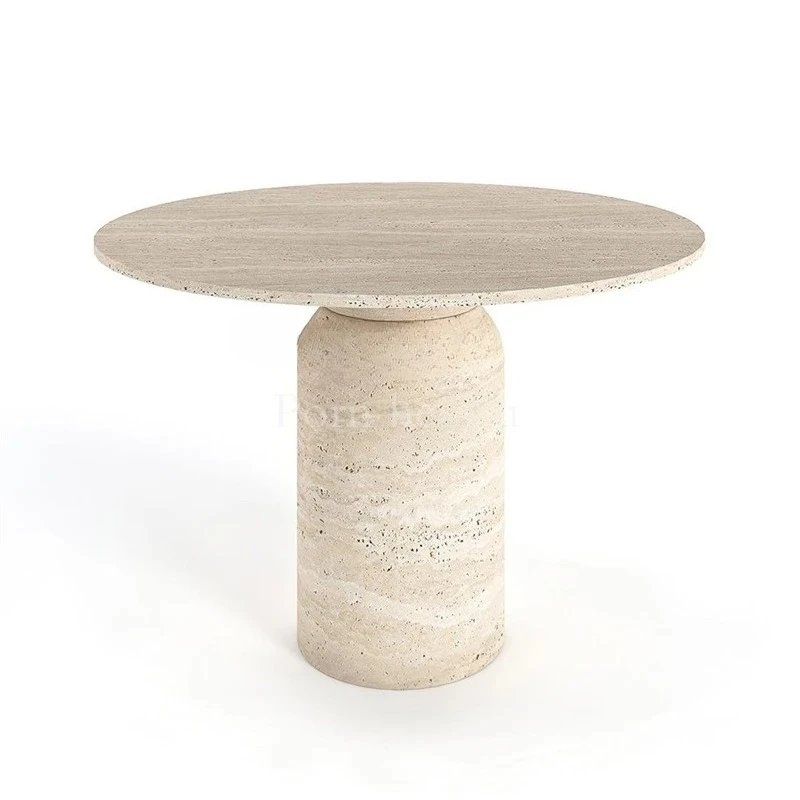 

Nordic natural travertine round dining table designer wabi sandy wind simple marble living room model room
