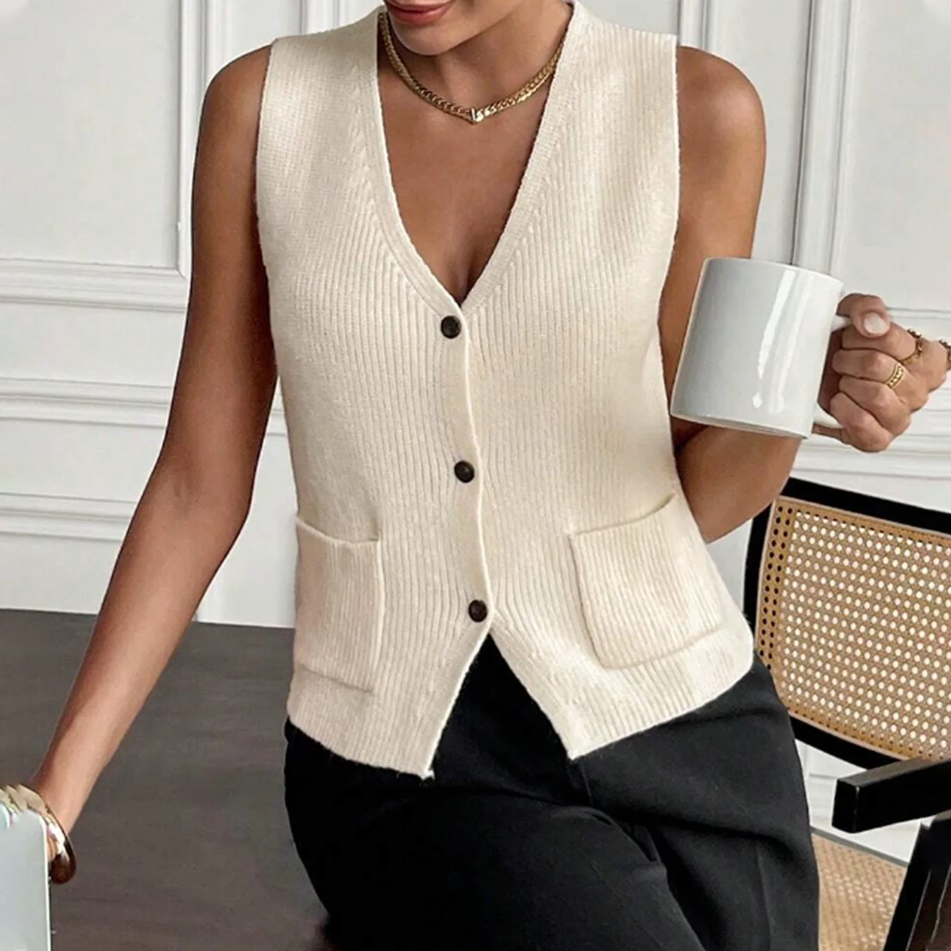 Sweater Vest Women Knitting Waistcoat Sleeveless Cardigan V Neck Single Breasted Pockets Summer 2025 Office Lady Knitwear Top - Image 4