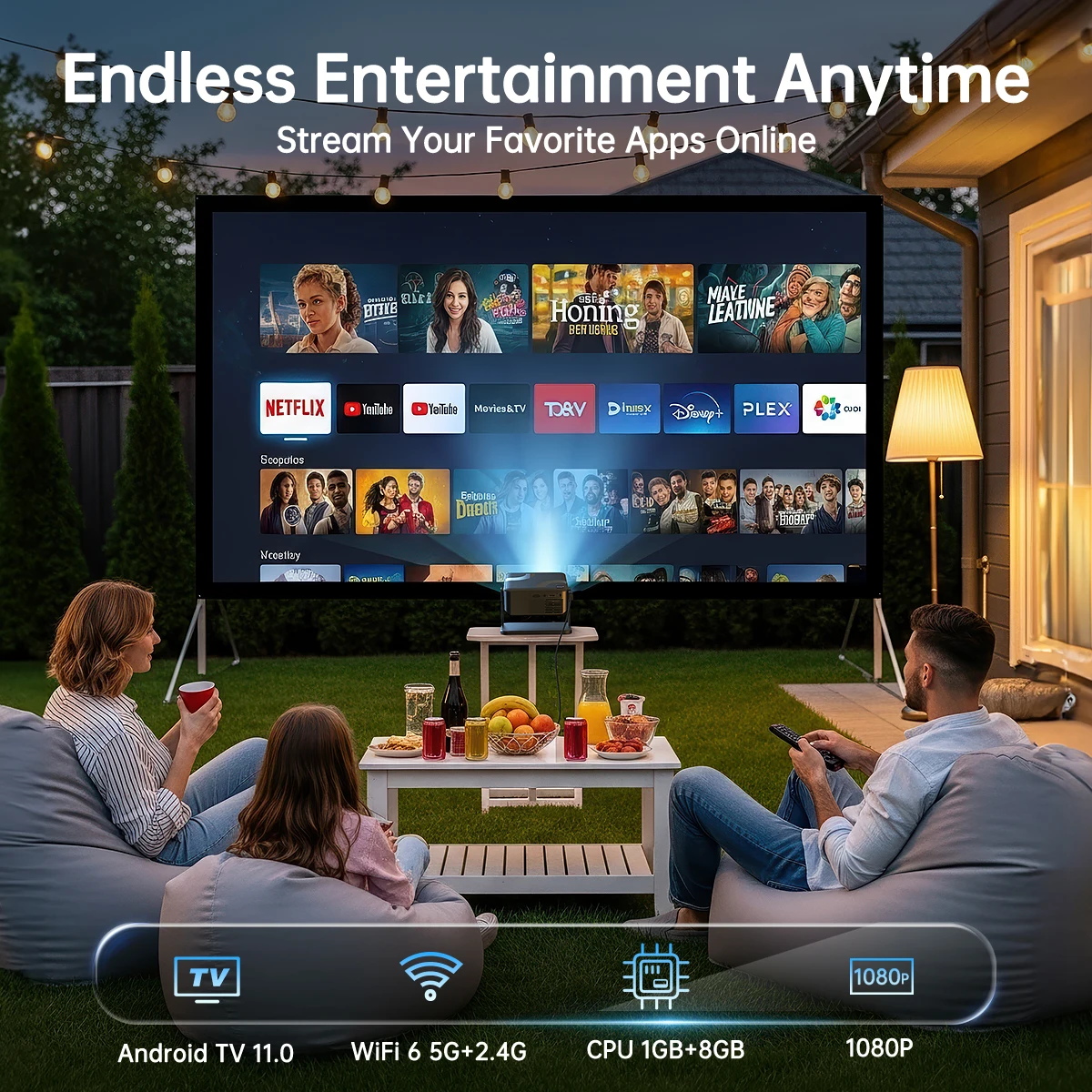 جهاز عرض 650ANSI محمول أصلي 1080P أندرويد 11 تركيز تلقائي وكيستون 4K 360 °   تدوير المسرح المنزلي Airmouse Wifi6 BT5.2