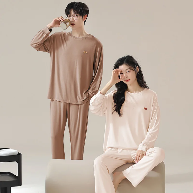 Korean Fashion Modal Soft Nightwear for Lovers Women and Men Matching Homewear Long Sleepwear Spring Loungewear Hombre Dropship