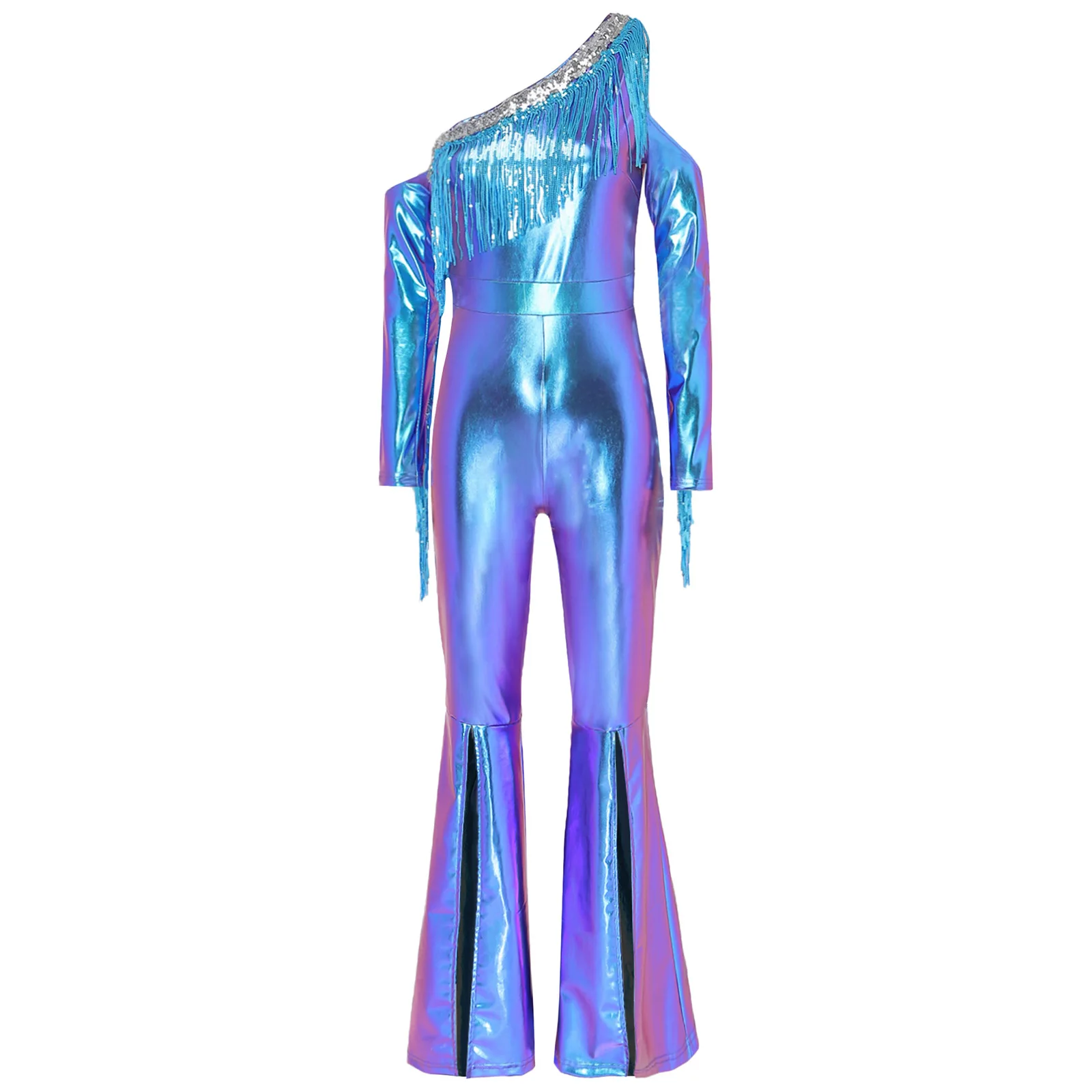 Womens Iridescent Shiny Metallic Disco Jumpsuit Sequin Tassels One Shoulder Split Flare Pants Bell Bottoms Bodysuit Clubwear