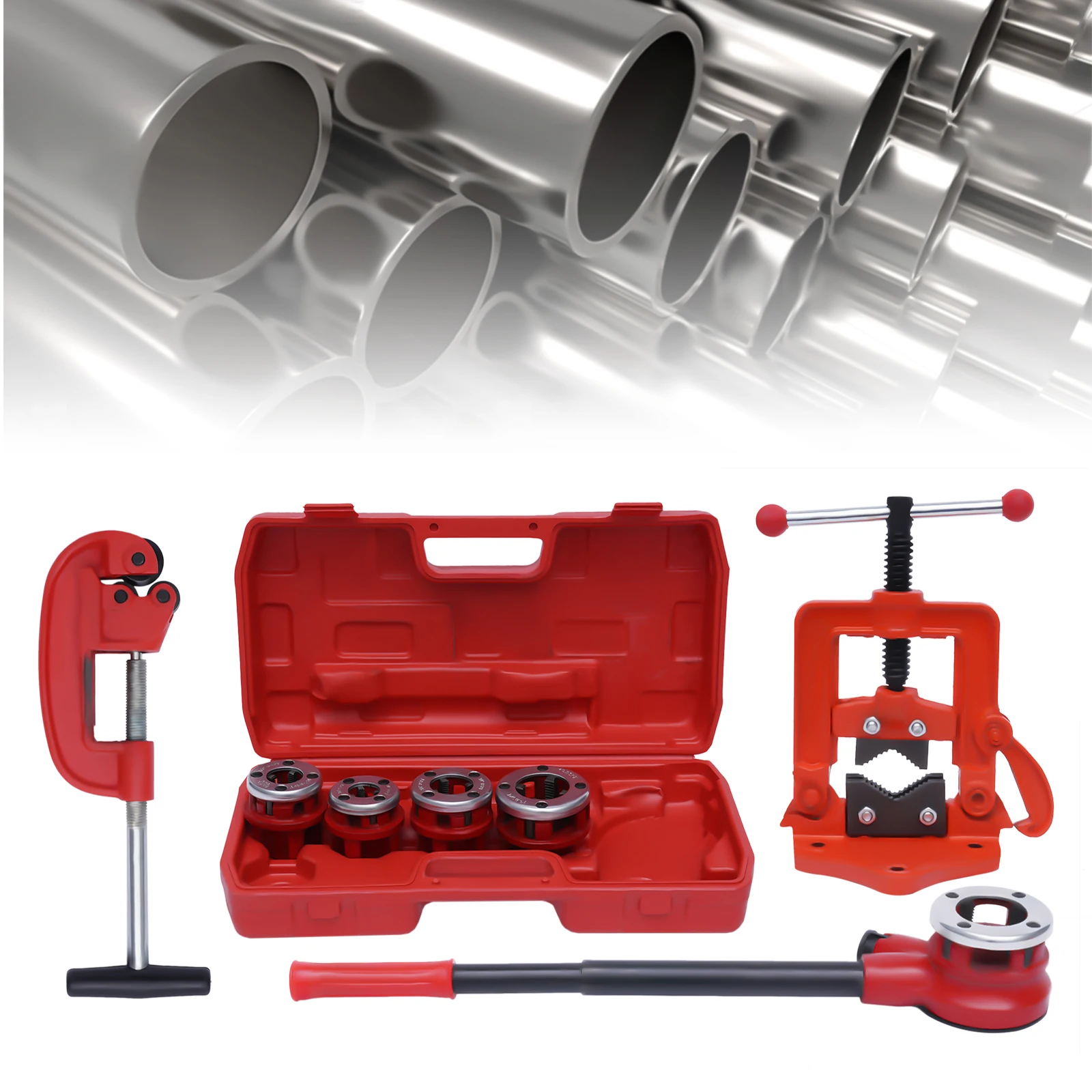 

Набор храповых инструментов для нарезания резьбы для труб, набор инструментов для нарезания резьбы с ручным храповым механизмом, портативный набор инструментов для нарезания резьбы для труб с 5 матрицами