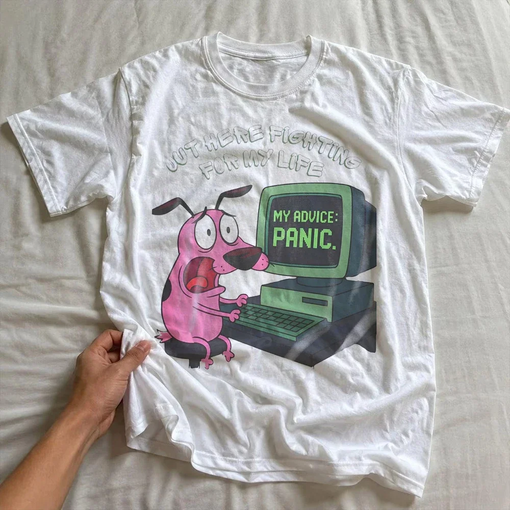 Vintage Courage the Cowardly Dog Cartoon Print Short Sleeve T-Shirt Retro Unisex Graphic Tee 90s Nostalgia Summer Streetwear Top