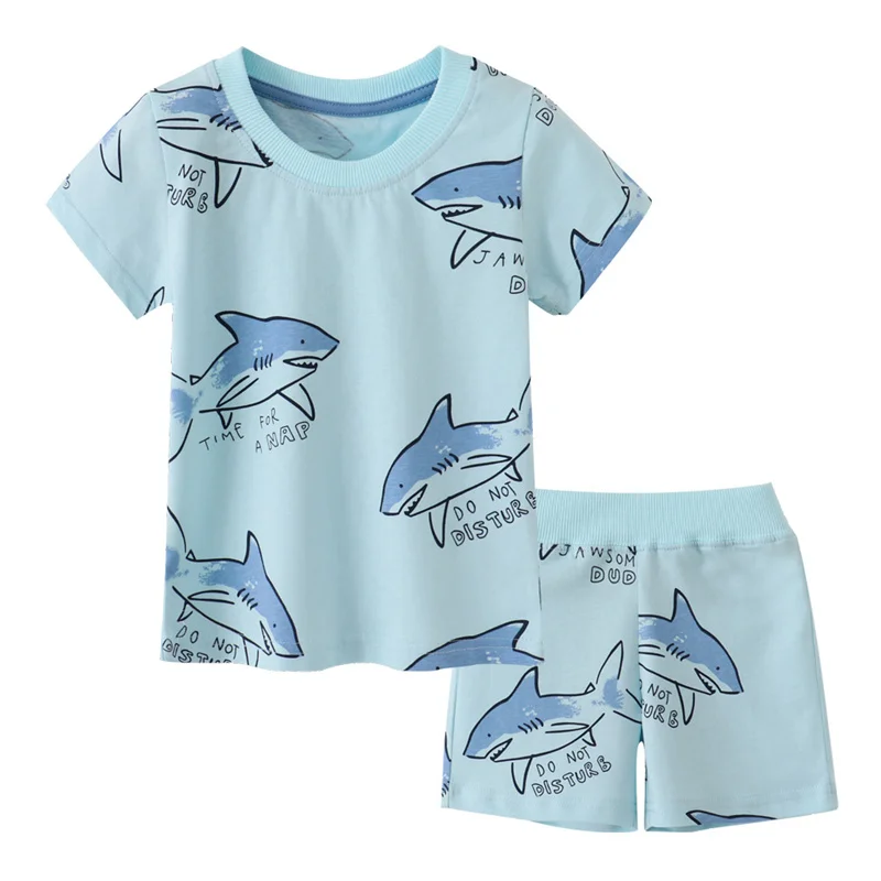 

Jumping Meters 2-7T Sharks Summer Boys Suits Tees + Shorts Clothing Sets With Animals Print Frog Cute Baby Outfits Kids Wear