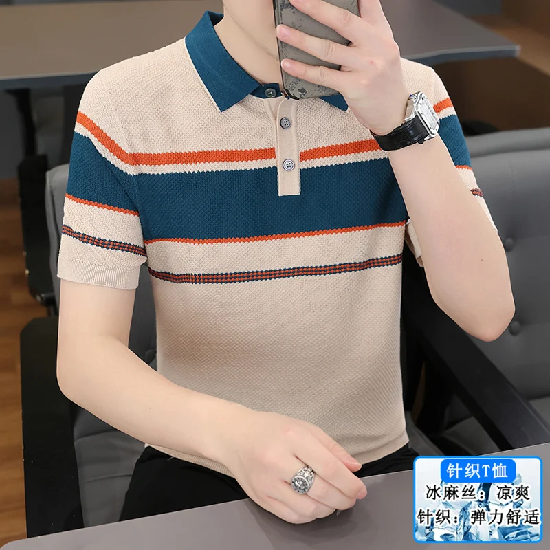 Summer New Style Men's Fashion Casual Knitted Hemp Silk Polo Shirt With Jacquard Short Sleeve