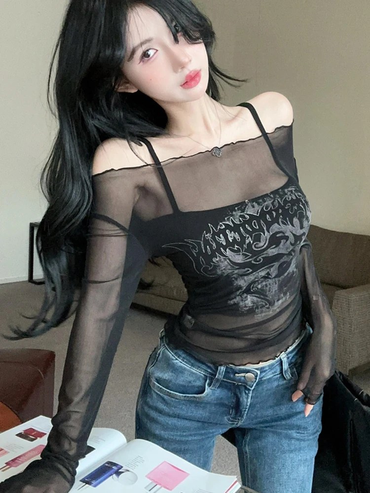 

Y2K Retro Two Piece Sets Women Off Shoulder Mesh Sun Protection Tops American Vintage Streetwear Hosweet Camisole Sexy Crop Tops