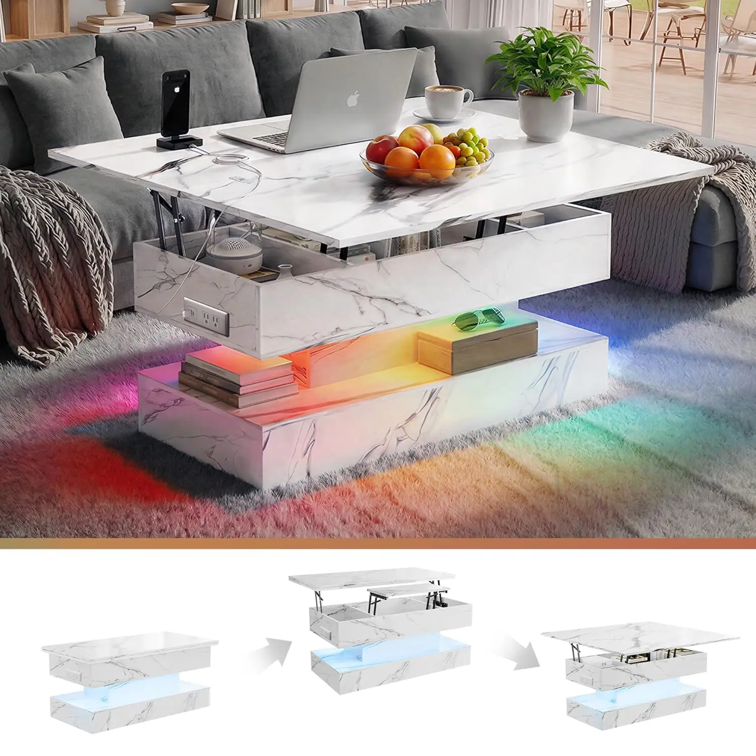 

40in Lift Top Coffee Table Convertible Workstation Storage Charging Station Faux Marble Living Room Small Space White Customized