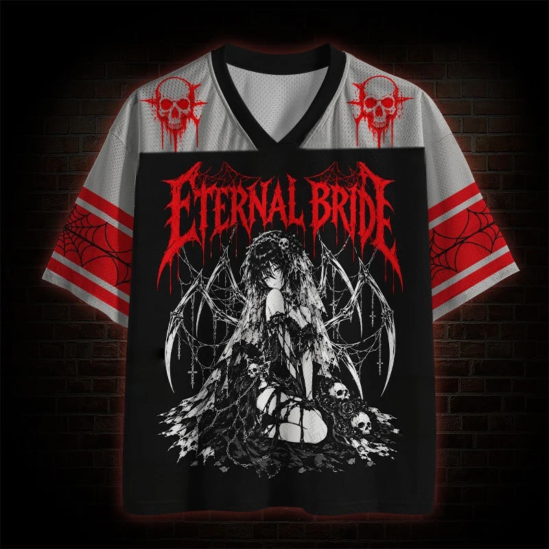 2026 Gothic Anime Eternal Bride Graphic Jersey Shirt Unisex Loose Black Red Mesh Short Sleeve Dark Punk Streetwear Top