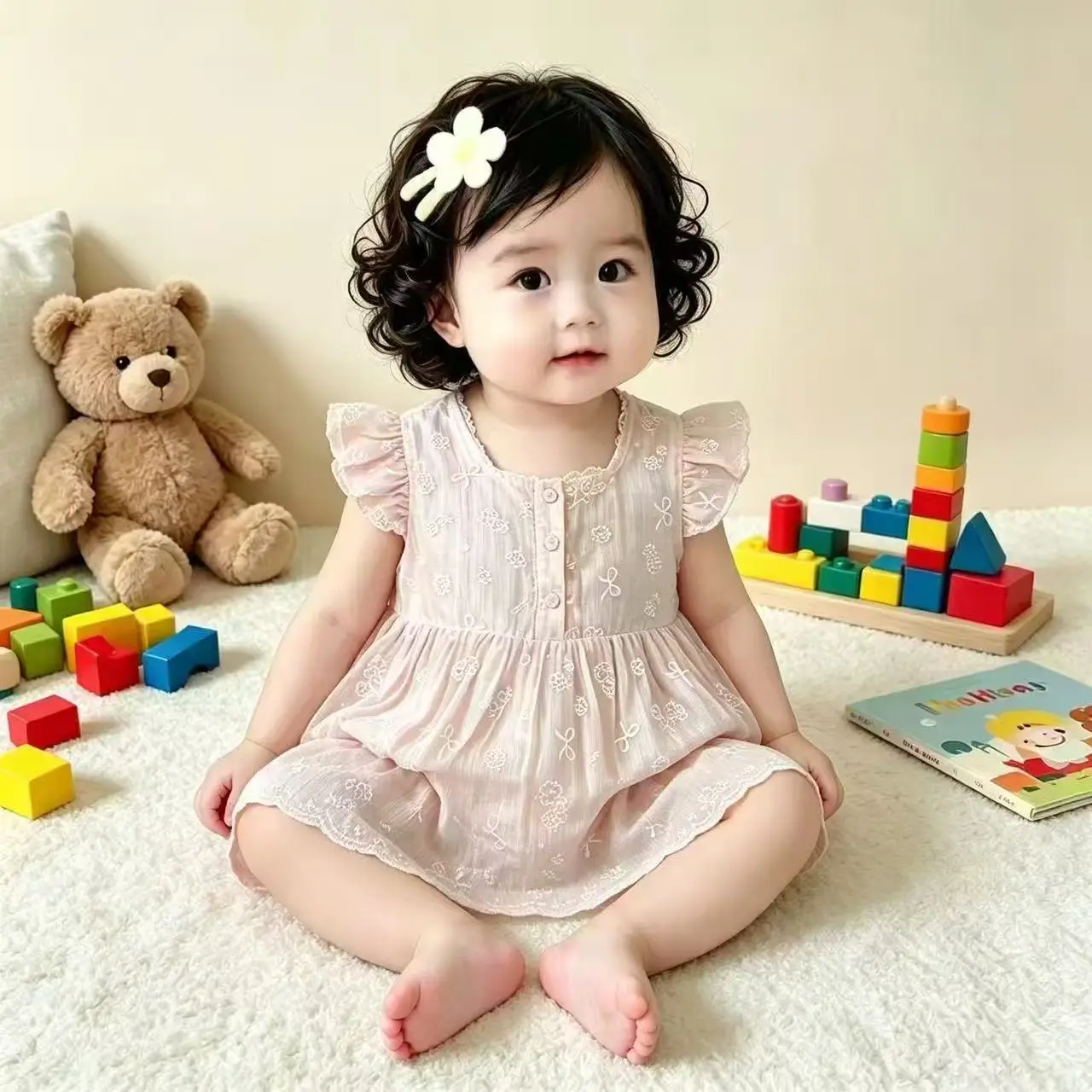New Girls' Lace Round Neck Small Fly Sleeves Summer Floral Print Waist Cinching Sweet Princess Rompers Dress