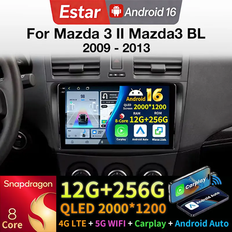 Radio para Auto Android 16 para Mazda 3 II Mazda3 BL 2009-2013, Reproductor Multimedia Inalámbrico con Carplay, Bluetooth y Navegación