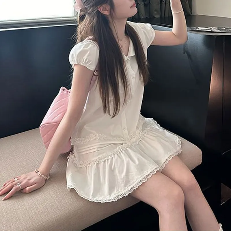 

Fashionable Korean Lace Spliced Mini Dress Summer Doll Collar Women's Clothing Solid Color Sweet Folds Aura Short Sleeve Dresses