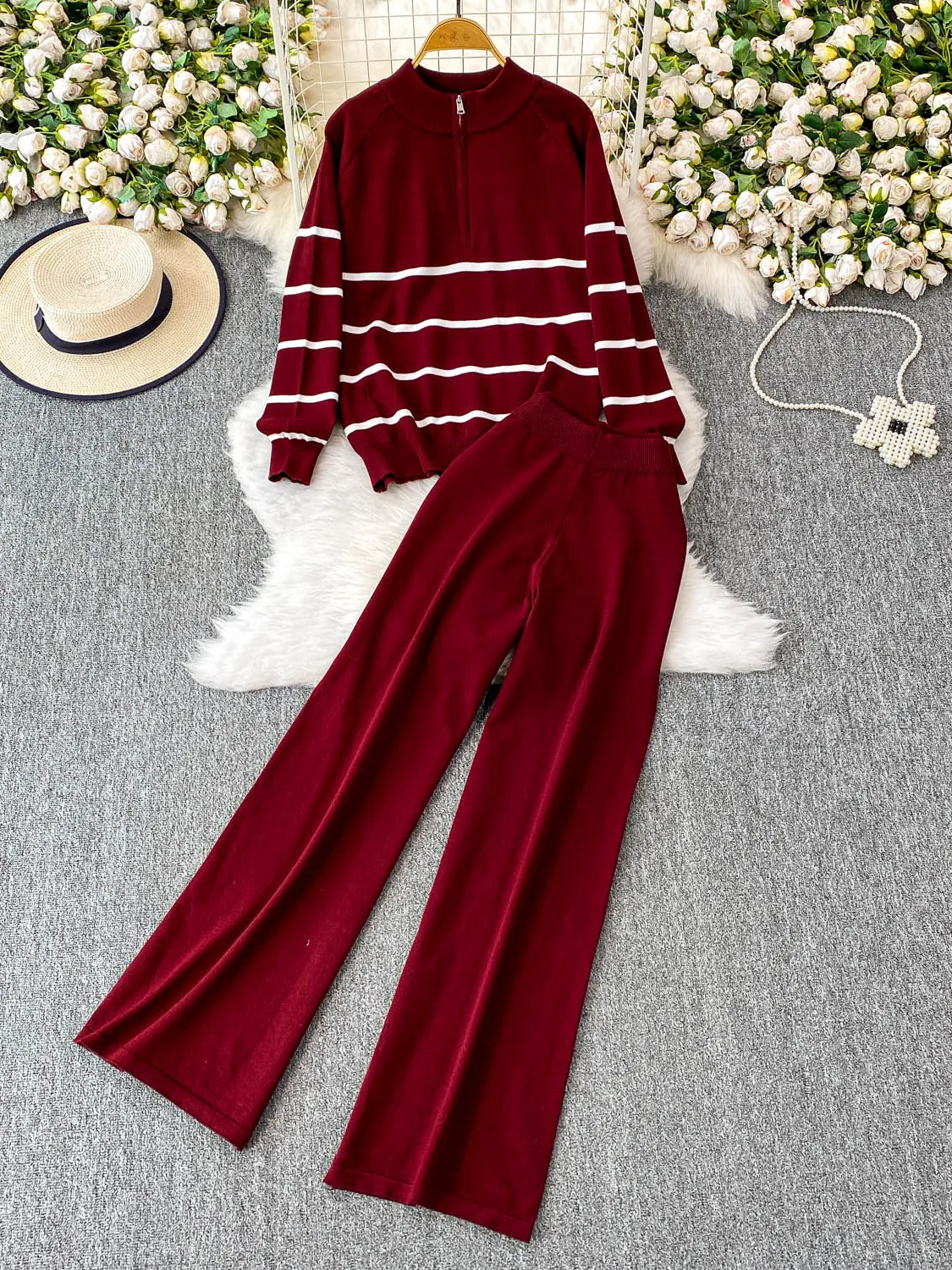 

Faionable Knitted Set Women's Winter Korean Sle f Zipper Stand Collar Long Sve Striped Sweatirt High Waist Wide L...